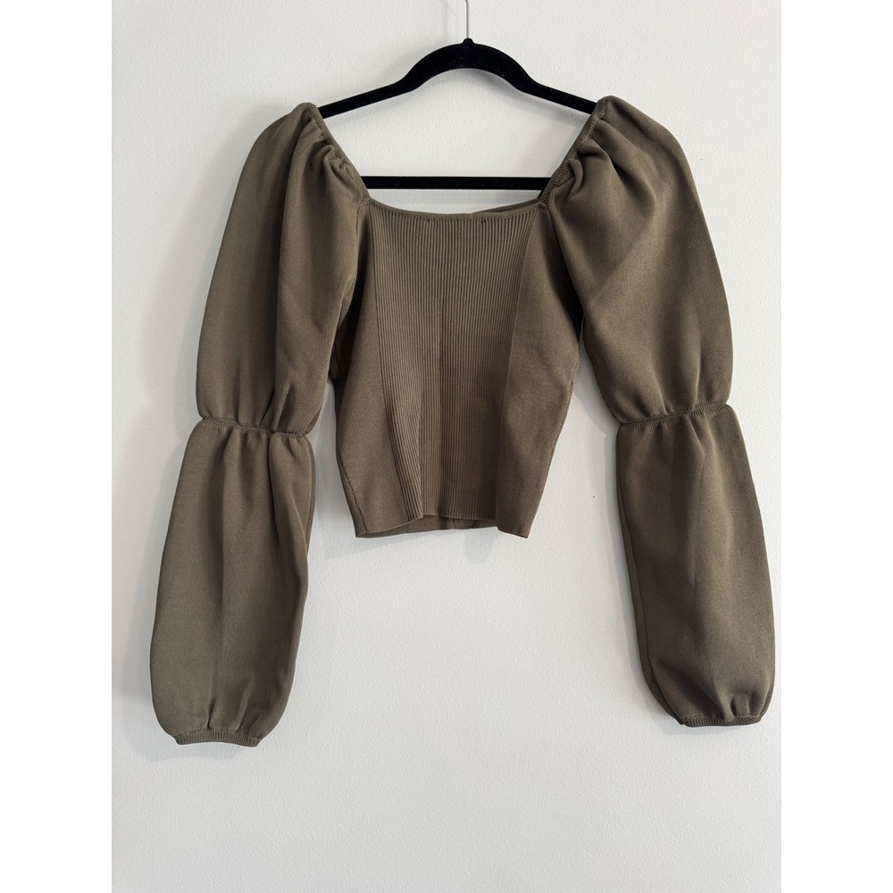 Zara Puff Sleeve Knit Top Women Small Brown Square Neck Button Front